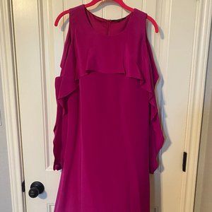 Kobi Halperin Magenta Pink Silk Cold Shoulder Ruffle Sleeve Sheath Dress, M